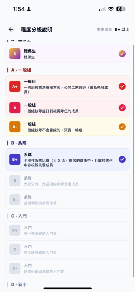 Jolly App 程度分級說明：A 一般組、B 系隊、C 入門、D 新手 各層級子等與「本場限制 B+ 以上」標示